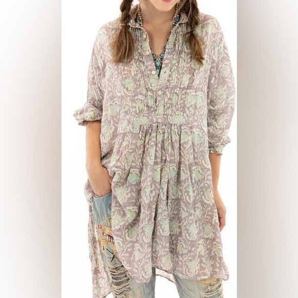 Magnolia Pearl Cordelia Night Shirt Cotton Gauze Block Print Top - Picture 6 of 7